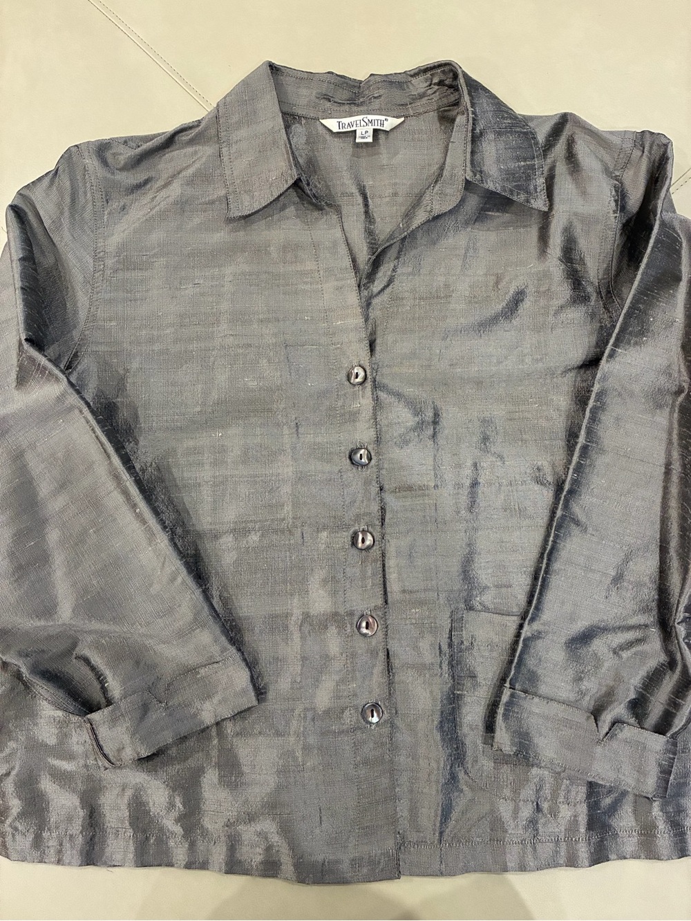 💯 Silk Large Evening Formal top Silver Metallic Gray Button-down Blouse w/collar - Picture 5 of 16